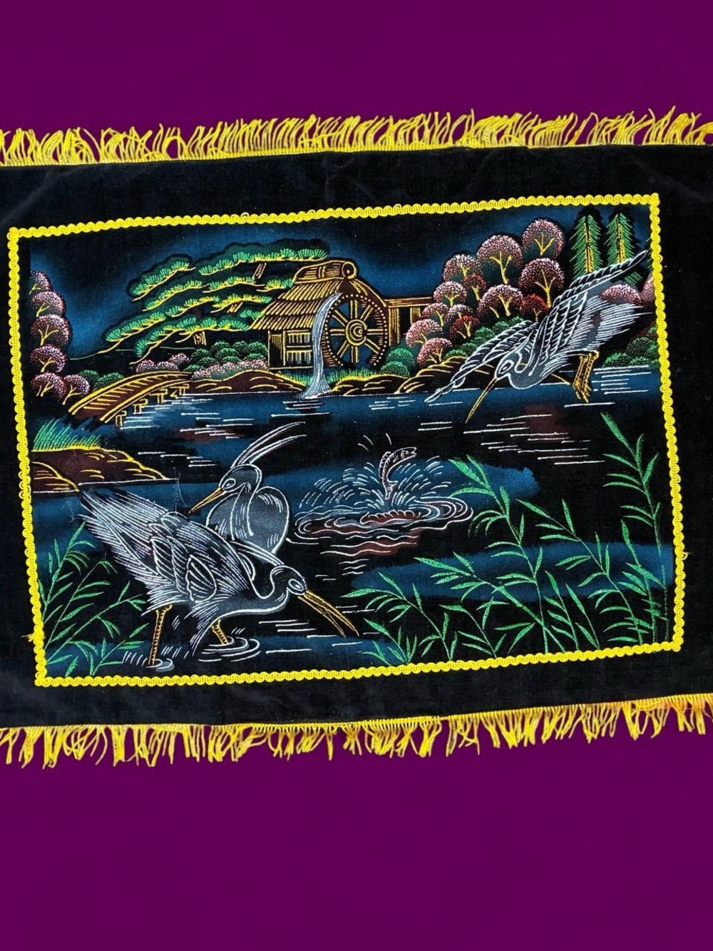 Vintage Mid-Century Asian Bird River Scene Velvet Fringe Pillow Case